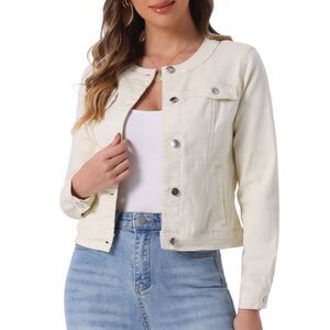 Denim Jacket Button Down Collarless Long Sleeve Jean Jacket Beige